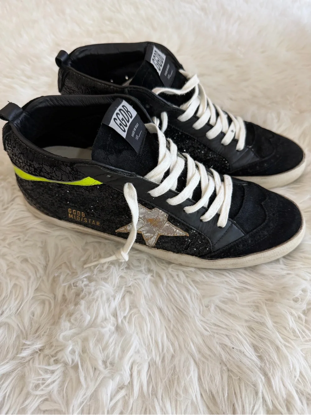 Golden Goose Black High-Top Sneakers with Silver Star and Neon Size 40 US 10